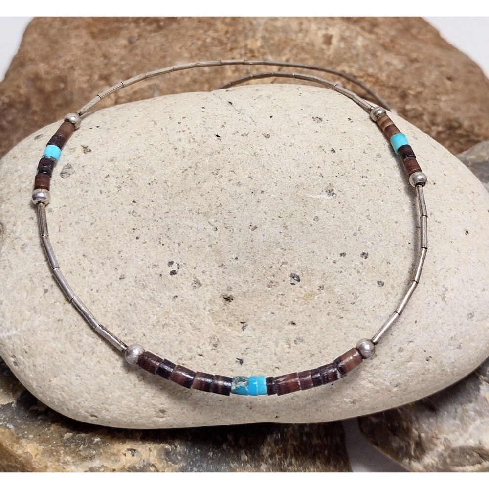 Vintage Southwestern Necklace Turquoise Sterling Silver Heishi